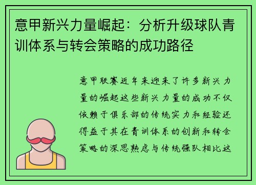 意甲新兴力量崛起：分析升级球队青训体系与转会策略的成功路径