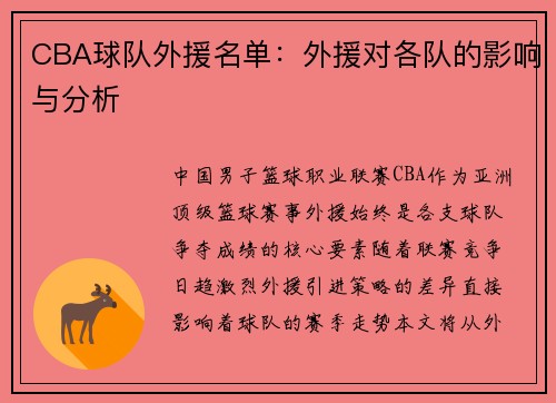 CBA球队外援名单：外援对各队的影响与分析